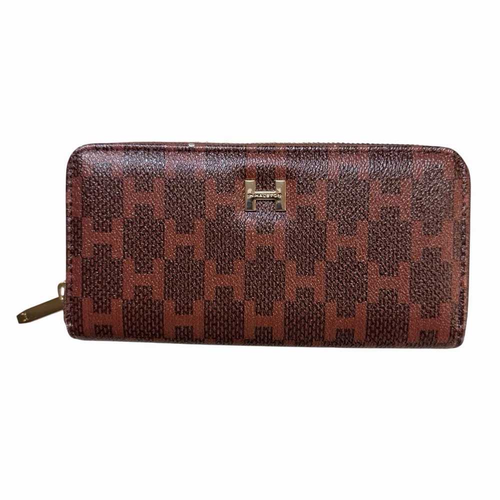 Halston Brown Monogram Zip Around Wallet Women's Faux Leather Gold Tone Logo